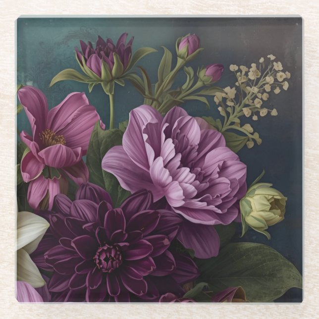 Dunkle Vintage-Blumen Glasuntersetzer (Vorderseite)