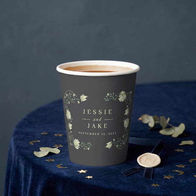 Dunkle Vintage-Blumenrand-Hochzeitsgunst Pappbecher (Dark Vintage Floral Border wedding favor Paper Cups)