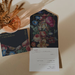 Dunkle Vintage Blüte | Hochzeit All In One Einladung