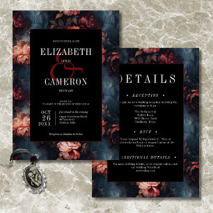 Dunkle Vintage-Rot- und Rosa-Blumen-Hochzeit zweis Einladung