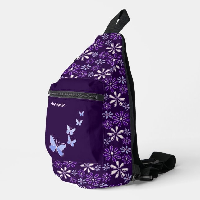Dunkle Violet-Blume Doodle-Muster Crossbody Bag (Rechte Ecke)