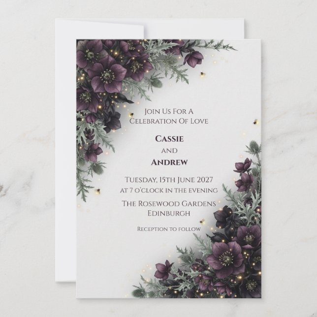 Dunkle Violette Distel-Hochzeitseinladung Einladung (Vorderseite)