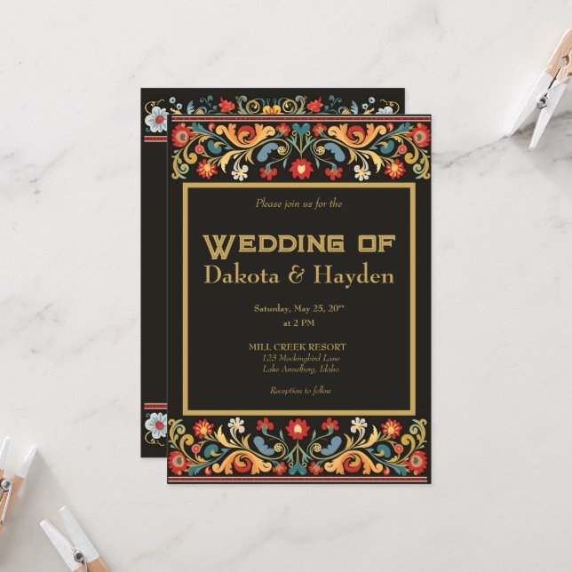 Dunkle Volkskunst Hochzeitseinladung, Goldschrift Einladung (Vorderseite/Rückseite Beispiel)