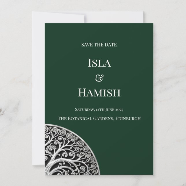 Dunkle Waldgrüne keltische Baum-Hochzeitseinladung Save The Date (Vorderseite)