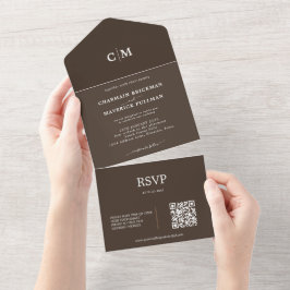 Dunkle Walnussbraun Monogram QR Code UAWG Wedding All In One Einladung