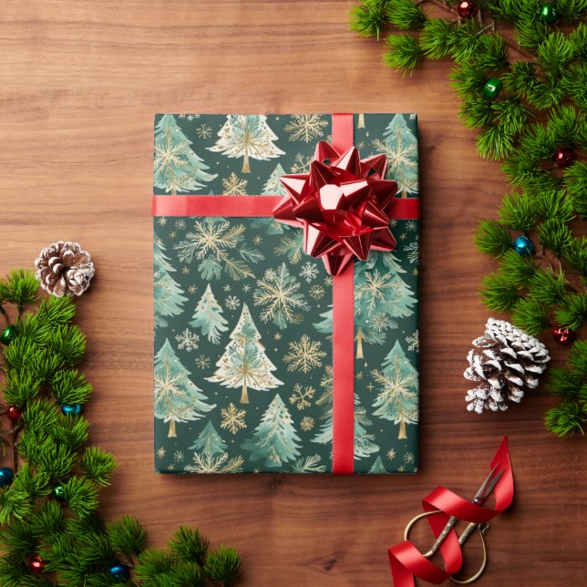Dunkle Weihnachtsbäume & Schneeflocken Geschenkpap Geschenkpapier (Feiertagsgeschenk)