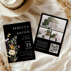 Dunkle Wildblumen 3 Foto-Collage QR-Code Hochzeit  Einladung