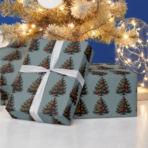Dunkle wirbelnde Weihnachtsbäume rote Ornamente Geschenkpapier