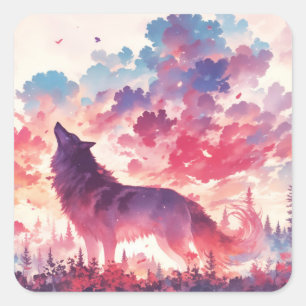 Dunkle Wolfssilhouette vor rosa und lila Sonnenunt Quadratischer Aufkleber