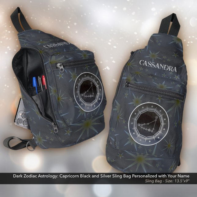 Dunkle Zodiac Astrologie: Kapricorn Schwarzer Silb Crossbody Bag (Dark Zodiac Astrology: Capricorn Black and Silver Sling Bag -  Personalized with Your Name.)