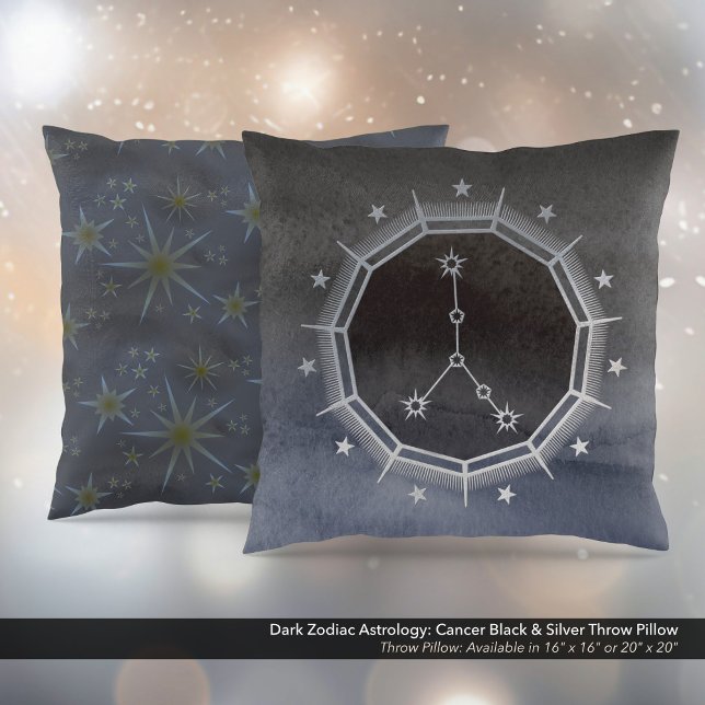 Dunkle Zodiac-Astrologie: Krebs schwarz & silber Kissen (Dark Zodiac Astrology: Cancer Black & Silver Square Throw Pillow)