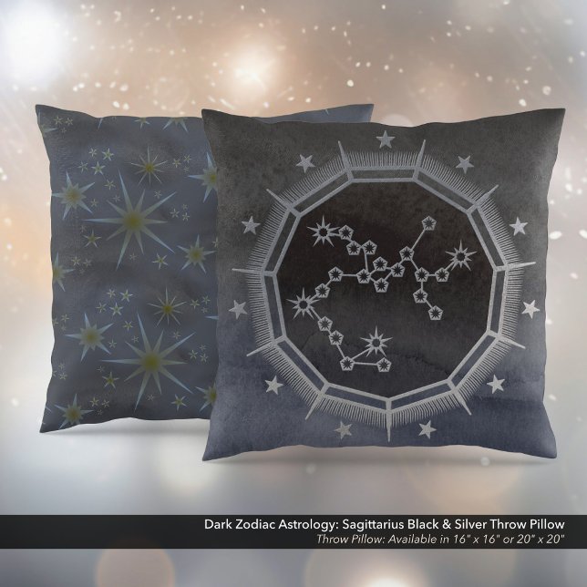 Dunkle Zodiac-Astrologie: Sagittarius Black & Silv Kissen (Dark Zodiac Astrology: Sagittarius Black & Silver Square Throw Pillow)
