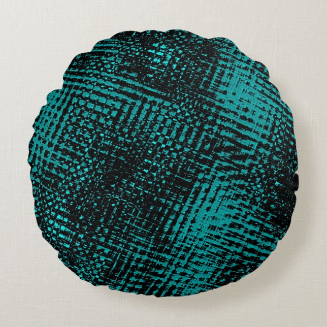 Dunkle zyangrüne Striche kreuzen wie eine Einbeulu Rundes Kissen (Vorderseite)