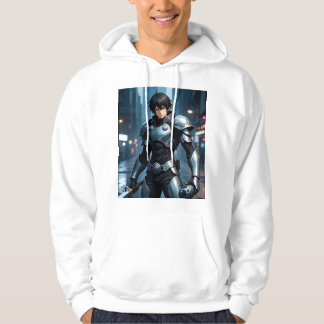 Dunkler Anime-Krieger in futuristischer Stadt – Cy Hoodie