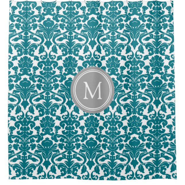 Dunkler Aquamariner Damask Monogramm-Duschvorhang Duschvorhang (Vorderseite)