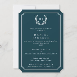 Dunkler Aquamariner Monogram Laurel Wreath Abschlu Einladung
