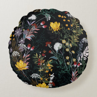 Dunkler Blumengarten: Blühendes Nachtmuster Rundes Kissen