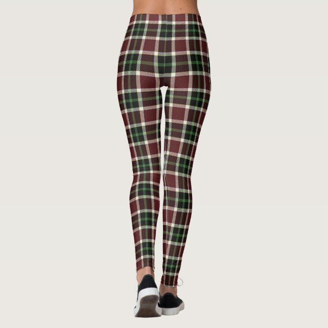 Dunkler Burgund Grüner Weißer Tartan Kariert Leggings (Rückseite)