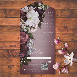 Dunkler Eleganter Burgundy & Cream Blur QR Code All In One Einladung