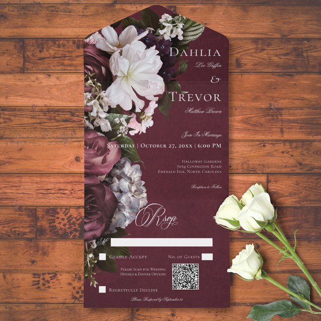 Dunkler Eleganter Burgundy & Cream Floral QR Code All In One Einladung (Dark Elegant Burgundy & Cream Floral QR Code All In One Invitation)