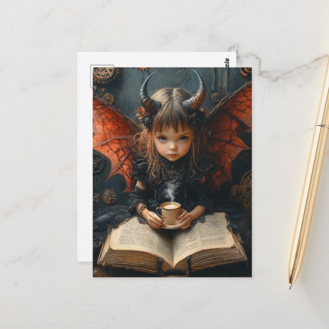 Dunkler Engel mit Kaffee und einem Buch Postkarte (Vorderseite/Rückseite Beispiel)