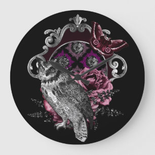 Dunkler Eulenfalter und Blumen - Gothic Große Wanduhr