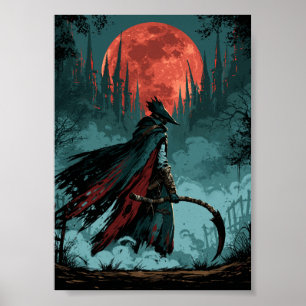 Dunkler Fantasy-Jäger mit Sense und rotem Mond Poster