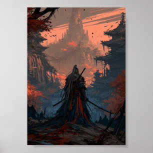 Dunkler Fantasy-Samurai-Reisender, der einer ferne Poster
