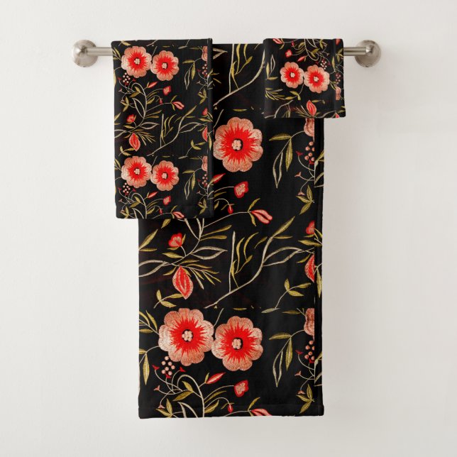 Dunkler floraler Hintergrund Rosa Rot Badhandtuch Set (Insitu)
