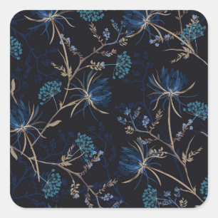 Dunkler Garten: Monochrome blaue Blüten Quadratischer Aufkleber