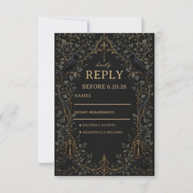 Dunkler Gothic Rabe RSVP Karte (Vorderseite)