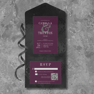 Dunkler Gothic Schwarzer Wein Blümlicher Satin QR  All In One Einladung