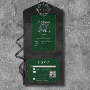 Dunkler gothischer schwarzer und grüner floraler S All In One Einladung