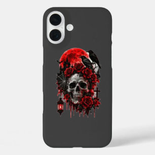 Dunkler gotischer Rabenschädel mit karmesinroten R iPhone 16 Plus Hülle