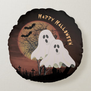 Dunkler Halloween-Friedhof und Halloween-Geister Rundes Kissen