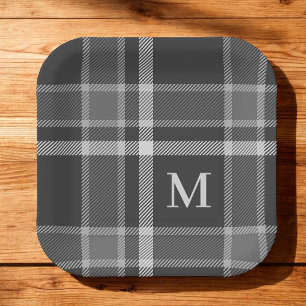 Dunkler Kohlengrauer Tartan Kariert mit Monogramm Pappteller
