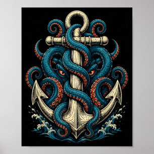 Dunkler Kraken-Anker-nautisches Tattoo Poster