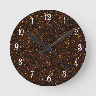 Dunkler Kupferbronze Orange-Glitzer Runde Wanduhr