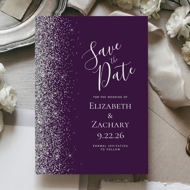 Dunkler Lila Silber Glitzer Save the Date Folieneinladung (Von Creator hochgeladen)