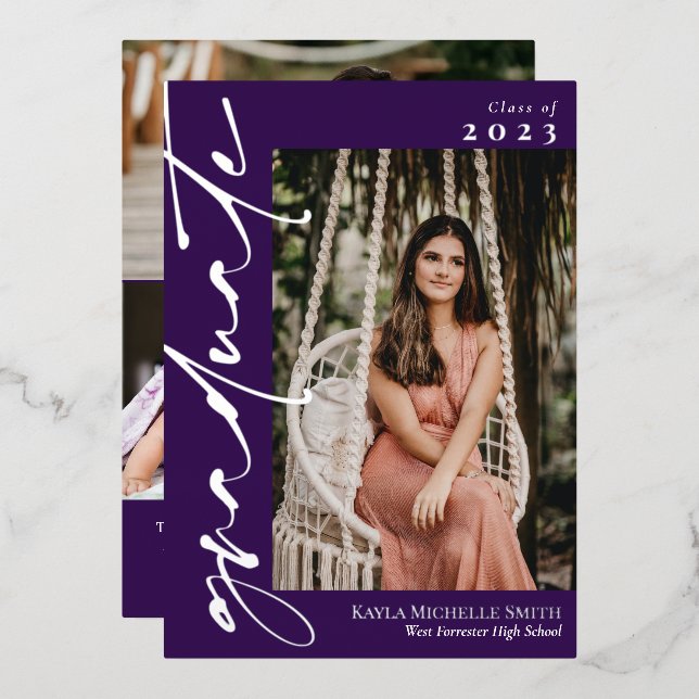 Dunkler Lila Silberkalligrafie-Foto-Abschluss Folieneinladung (Vorderseite/Rückseite)