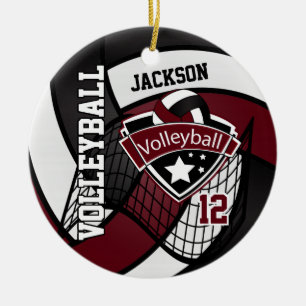 Dunkler Maroon, Weiß und Schwarz-Logo-Volleyball Keramik Ornament