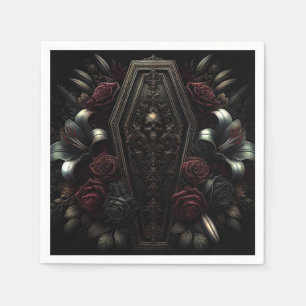 Dunkler, melancholischer, floraler Totenkopf-Sarg, Serviette