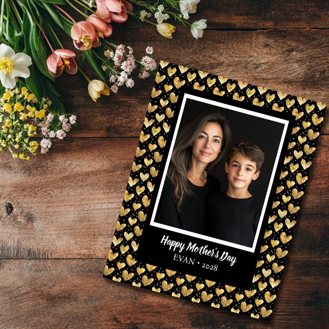 Dunkler Modus Golden Hearts Mother's Day Karte (Dark mode faux gold hearts Mother's Day card)