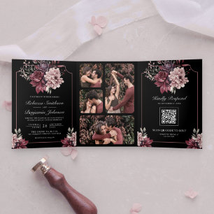 Dunkler Moody Blumenrahmen Schwarzer QR-Code Hochz Dreifach Gefaltete Einladung