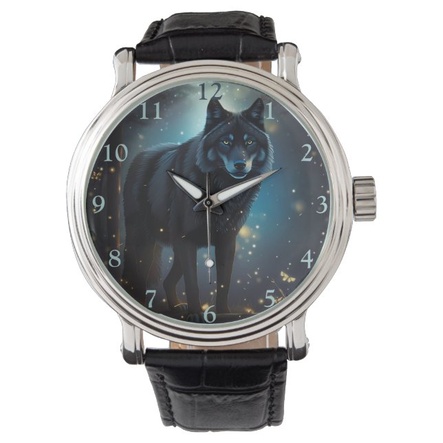 Dunkler Mysteriöser Schwarzer Wolf Armbanduhr (Vorderseite)