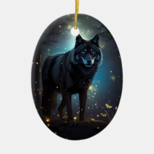 Dunkler Mysteriöser Schwarzer Wolf Keramik Ornament