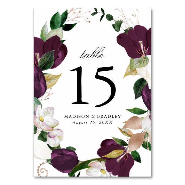 Dunkler Plum floral | Personalisierte Hochzeit Tischnummer (Vorderseite)