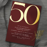 Dunkler roter Burgund   Gold | Elegant 50. Geburts Folieneinladung<br><div class="desc">Moderne Einladungen zum 50. Geburtstag mit einer großen Überschrift "50" in echter metallischer Folie. Ihre Veranstaltungsdetails werden unten in einem matten weißen Schriftart gedruckt. Gold auf dunkelrotem Hintergrund.</div>