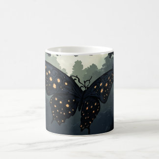 dunkler Schmetterling mit Flügeln, die mit leuchte Kaffeetasse