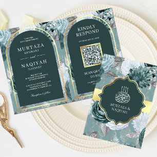 Dunkler Türkis-Grün-Blüten-QR-Code-Muslimische Hoc Einladung